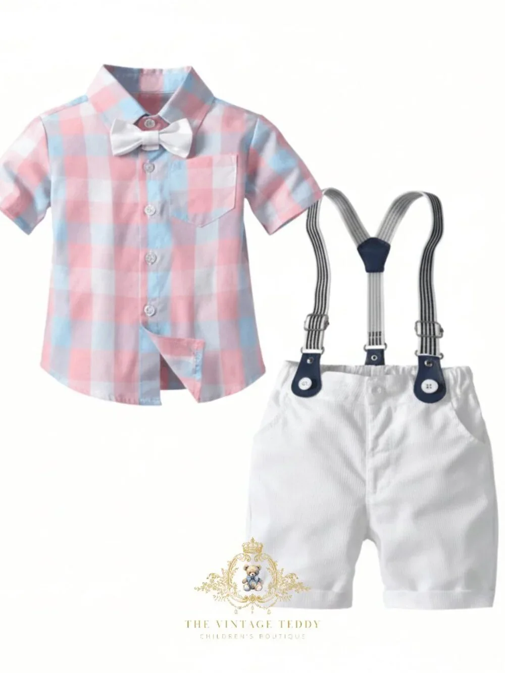 NWT Handsome Boys Oxford Button Down Shirt Shorts & Bow Tie Matching Set 9-12M